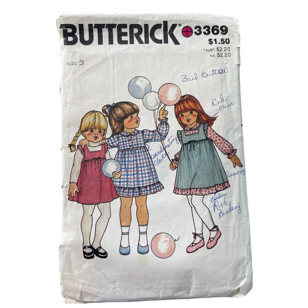 Vintage Butterick 3369 Childrens Dress Sewing Pattern Size 3 Dress & Jumper CUT
